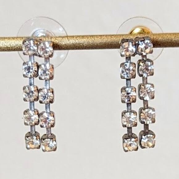 Vintage Double Rhinestone Chain Dangle Earrings - Picture 1 of 4